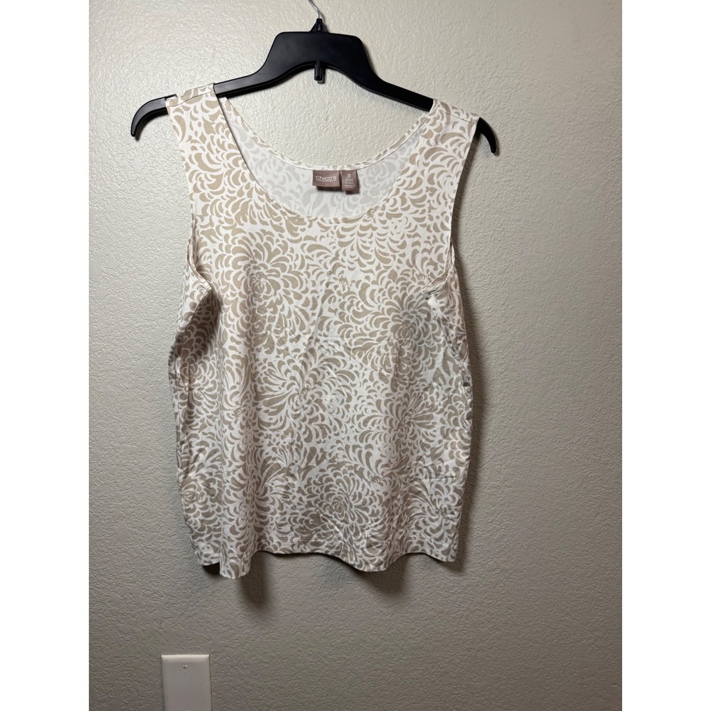 Chicos Womens Tan White Floral Swirl Sleeveless Scoop Neck Tank Top Size 3 XL